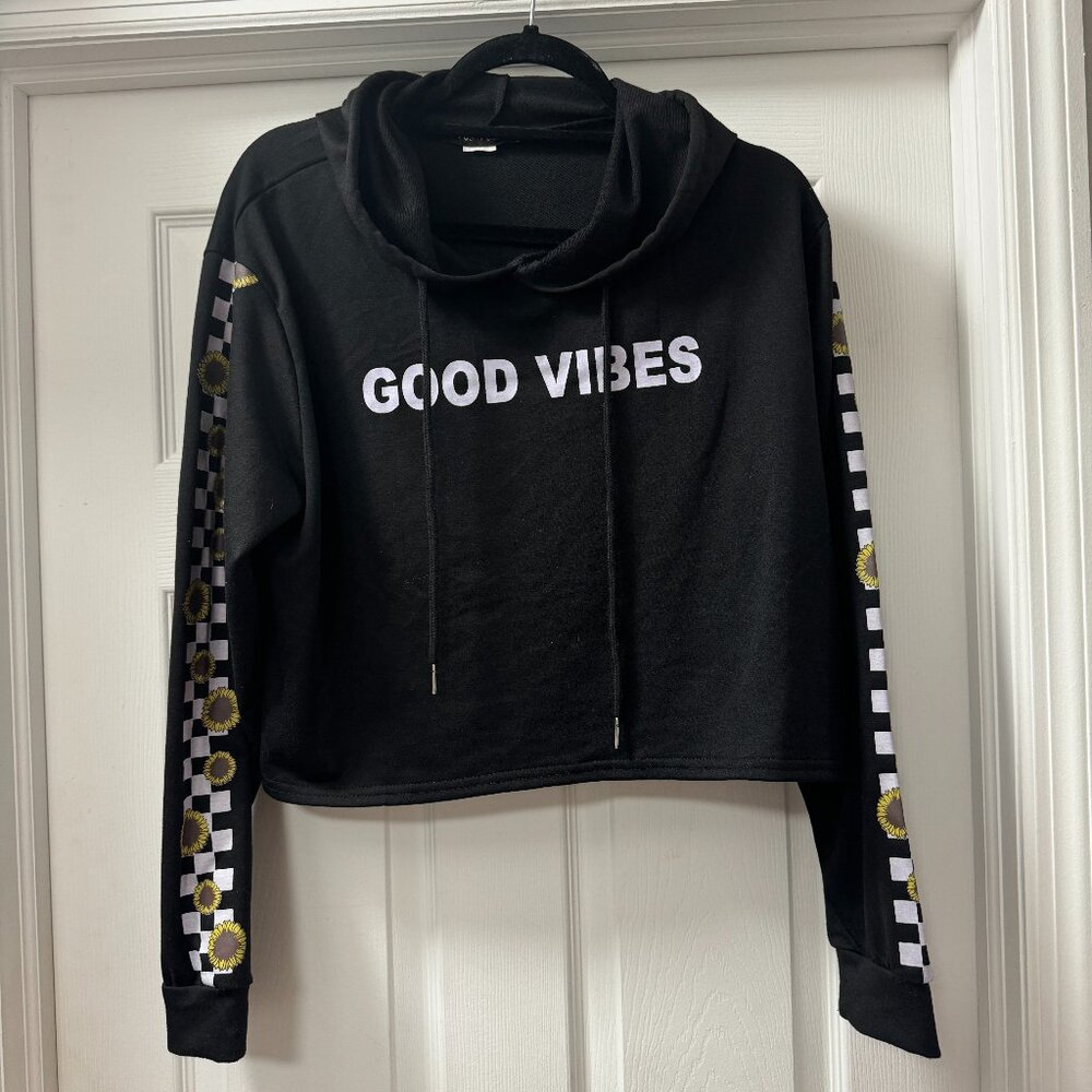 Posh Posh CROPPED Good Vibes Sunflower Checkered sleeves Hoodie sweatshirt XL